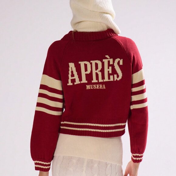 Red And White Casual Women's Embroidered Chunky Knit Stripe Cardigan - Picture 2 of 7